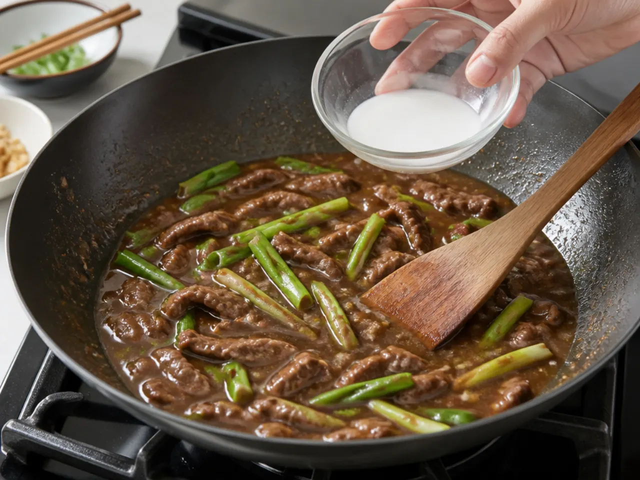 mongolian beef stir fry — step 5: simmer and thicken the sauce
