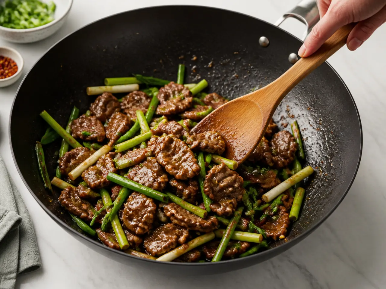 mongolian beef stir fry — step 6: toss the beef back in