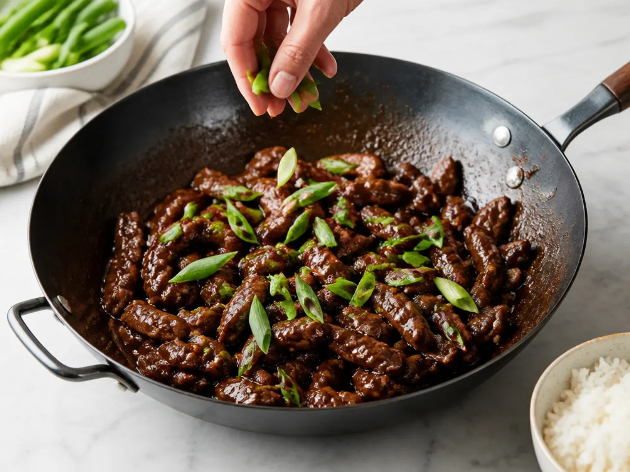 mongolian beef stir fry — step 7: finish with green onions and serve