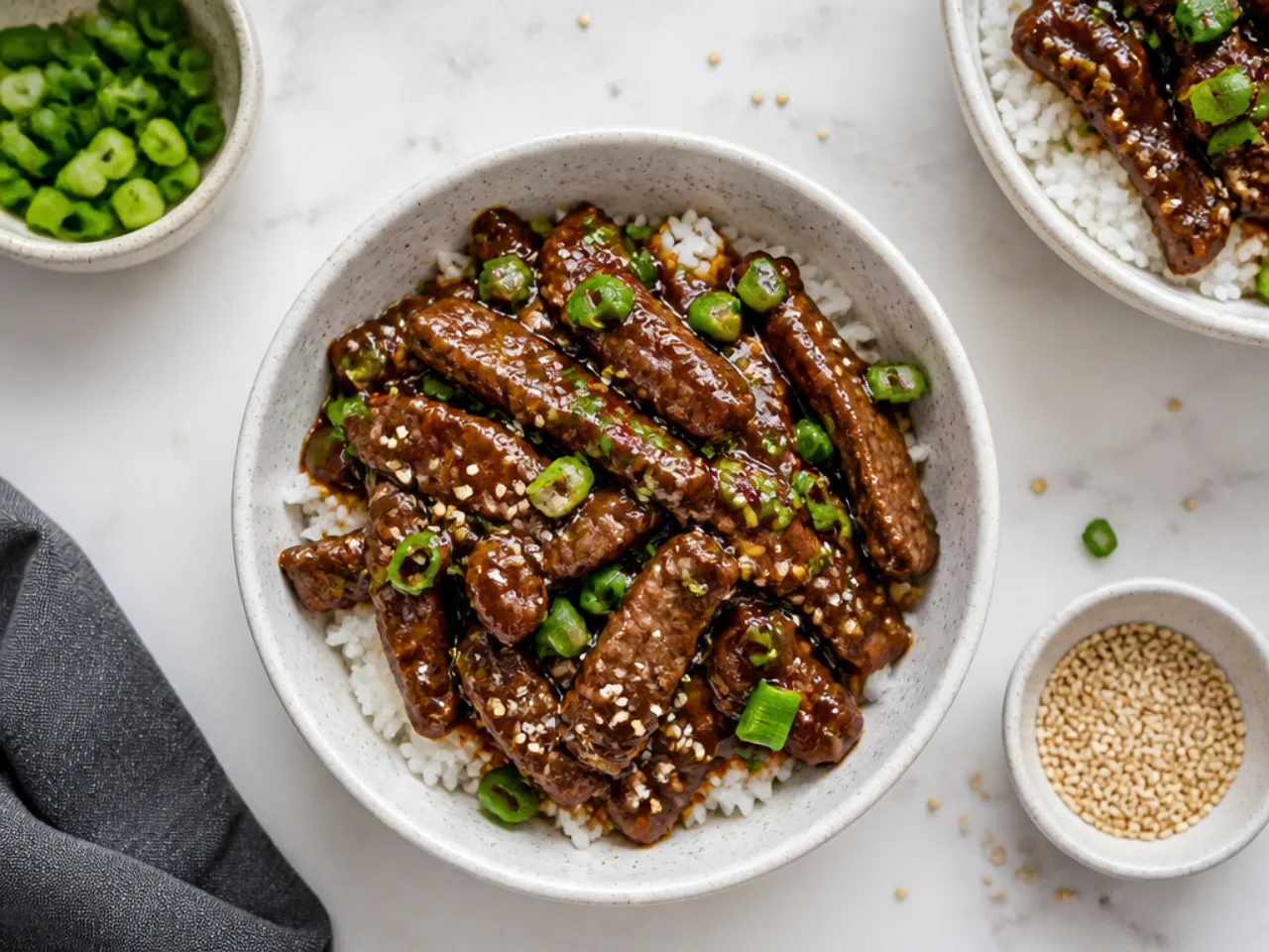 Overhead spread of Mongolian beef stir fry ideas in bowls over rice with green onions
