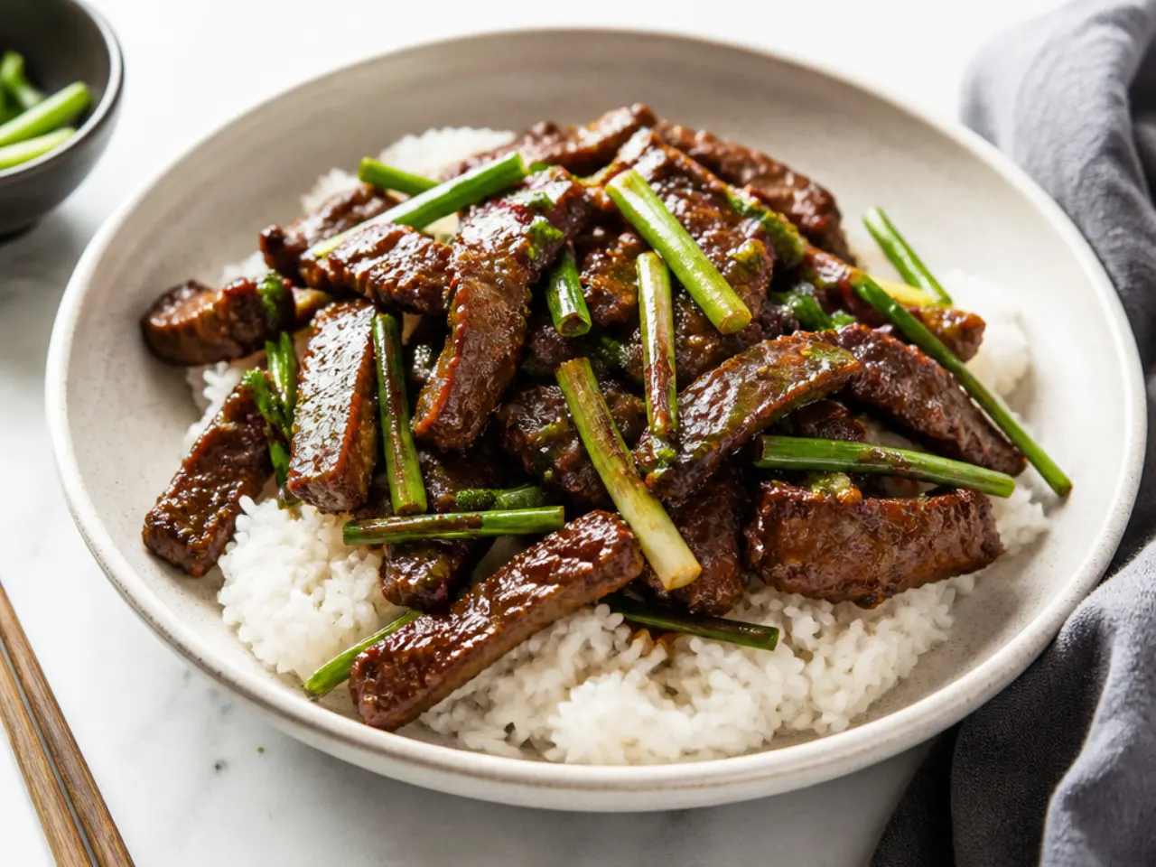 Classic restaurant-style Mongolian beef stir fry with crispy beef and green onions over rice