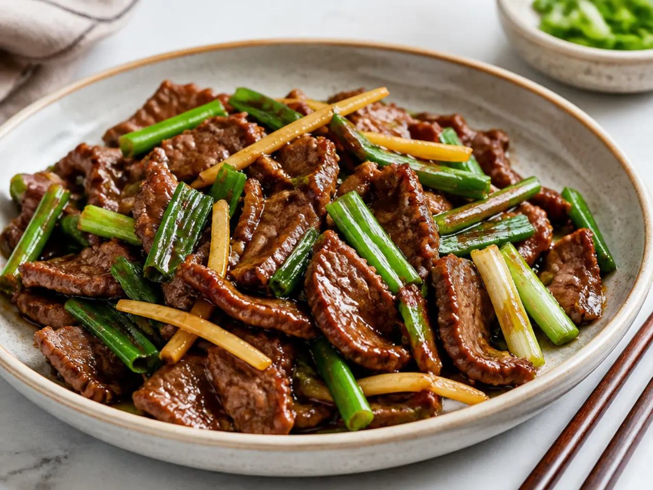 Elegant ginger-scallion Mongolian beef stir fry plated with julienned ginger