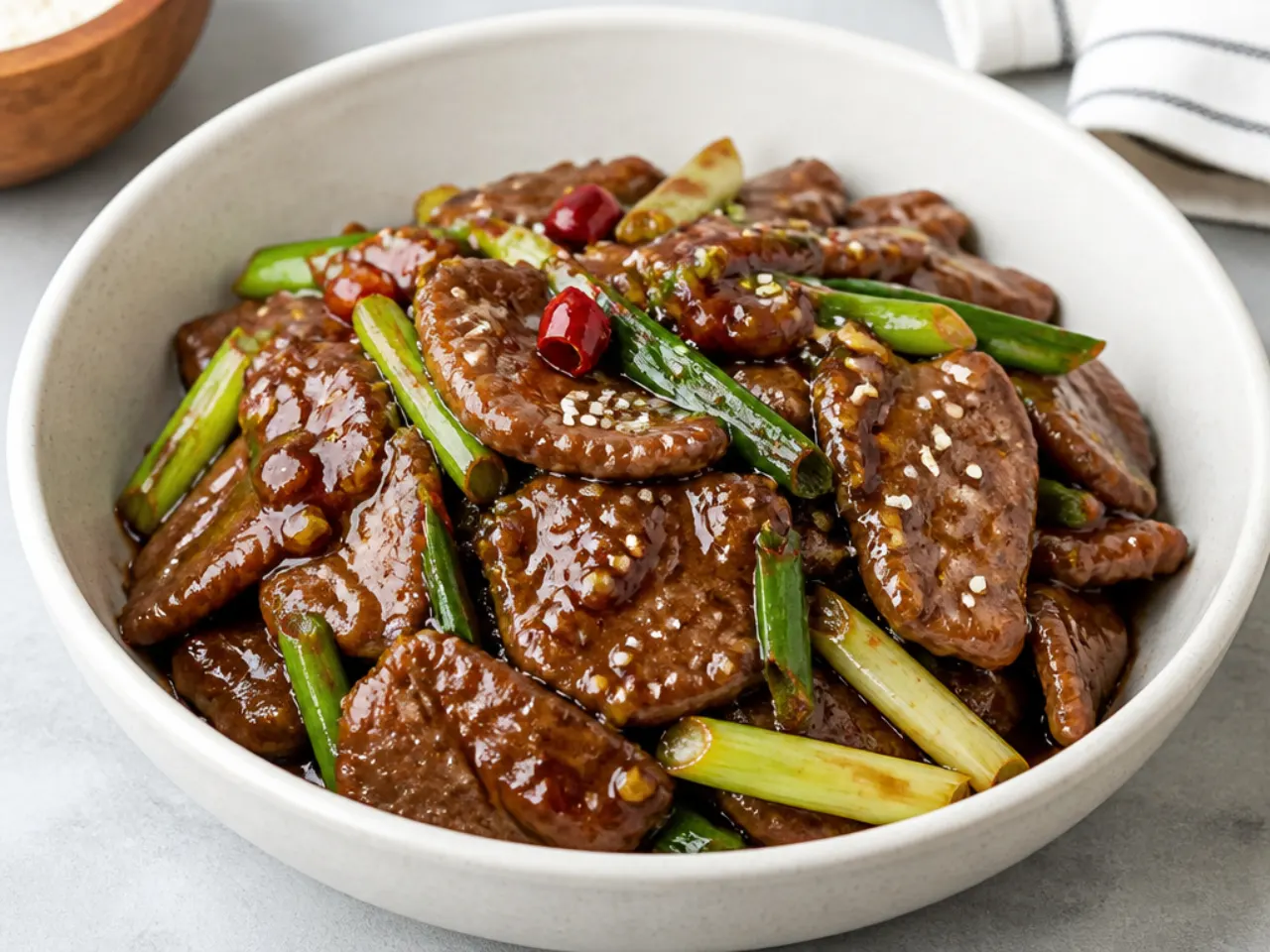 Playful sweet and sticky honey Mongolian beef stir fry with a glossy glaze
