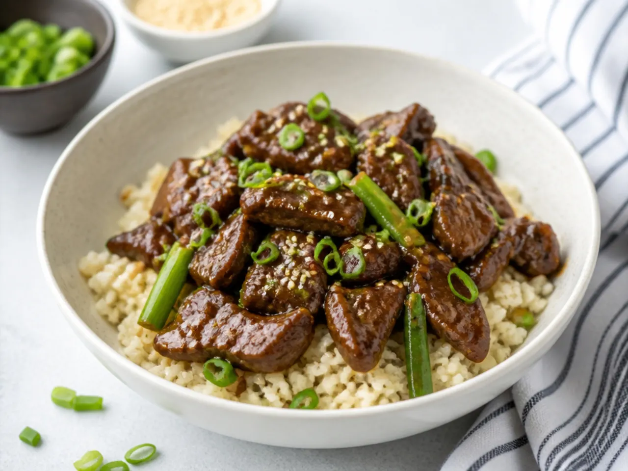 Modern low-sugar Mongolian beef stir fry made with coconut aminos over cauliflower rice