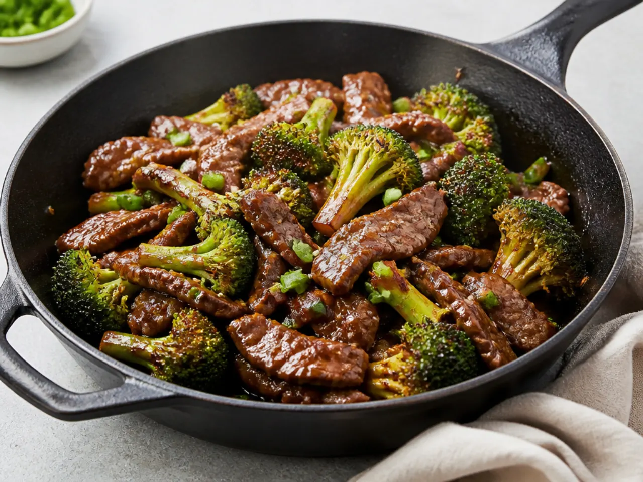 Rustic cast-iron Mongolian beef and broccoli stir fry with charred florets