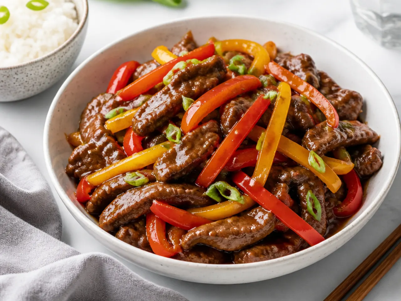 Colorful triple-pepper Mongolian beef stir fry with red, yellow and orange bell peppers