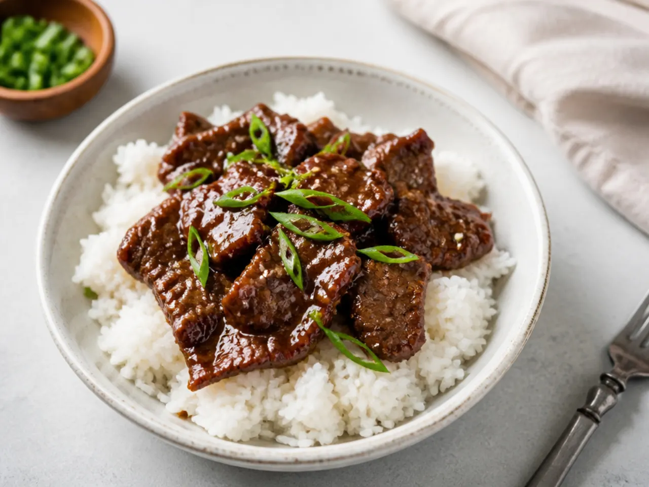 Minimal three-ingredient-sauce Mongolian beef stir fry served plainly over rice
