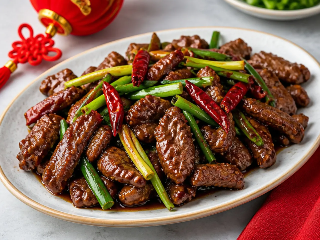 Festive Lunar New Year Mongolian beef stir fry with dried chilies and scallions on a platter