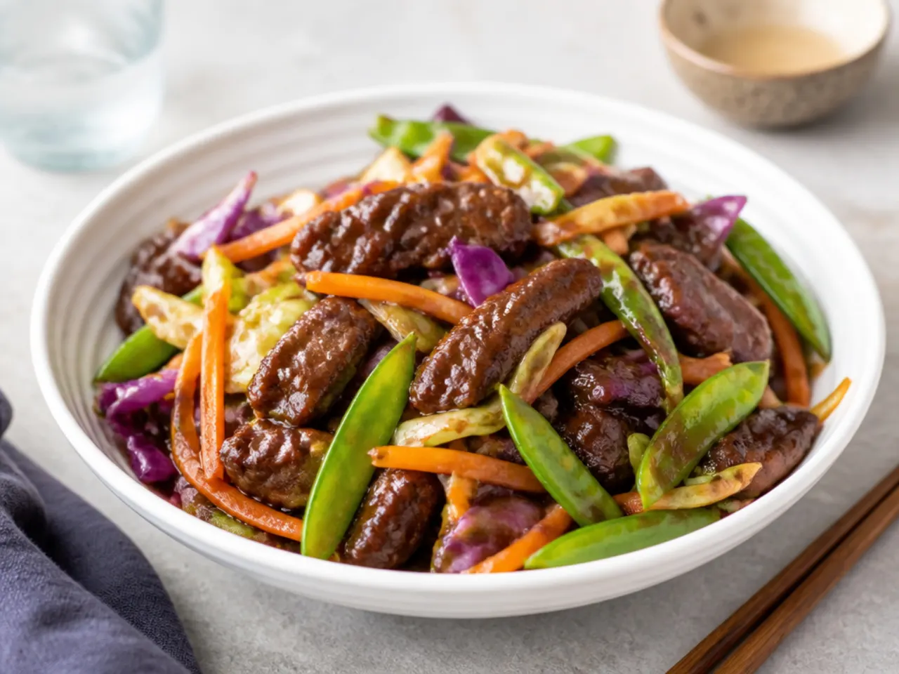 Whimsical rainbow-veggie Mongolian beef stir fry with carrots, cabbage and snap peas