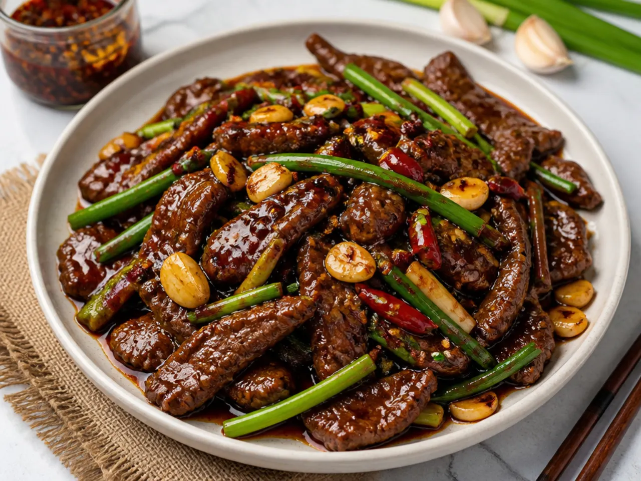 Bold extra-garlic Szechuan Mongolian beef stir fry with chili crisp and peppercorns