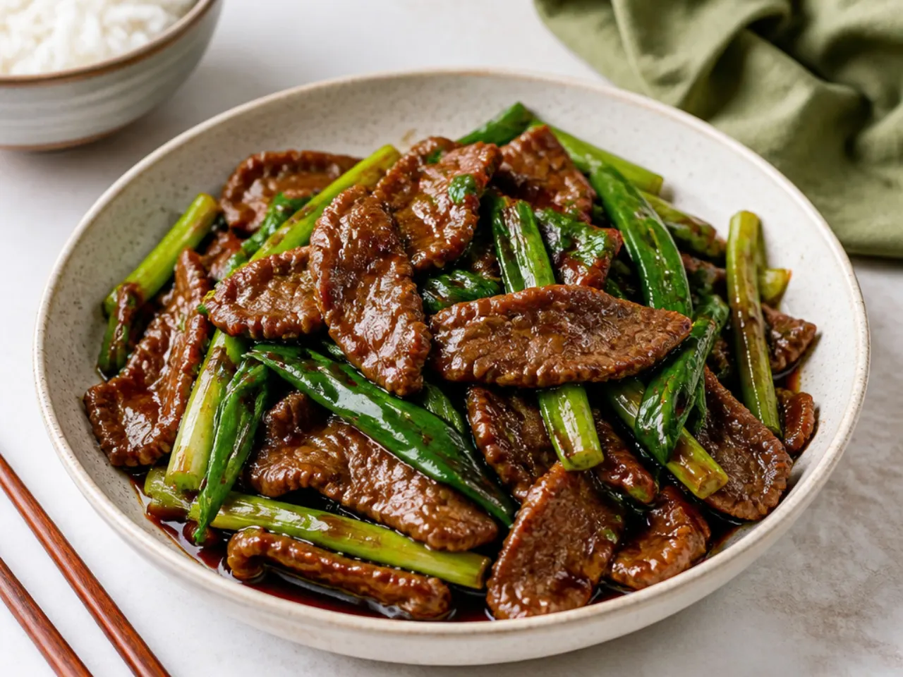 Delicate velvet Mongolian beef stir fry with silky tender beef strips