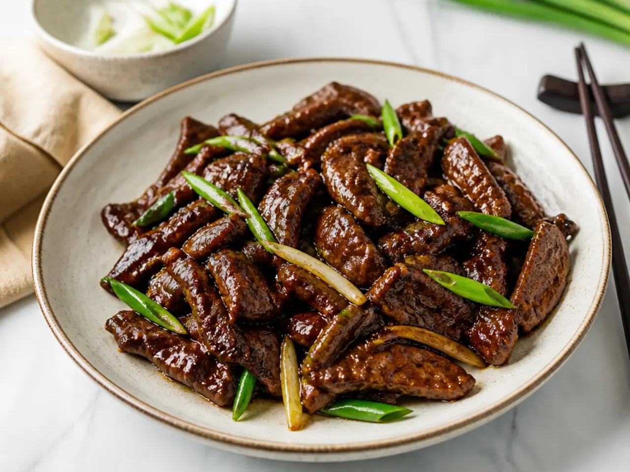 Vintage Cantonese oyster-sauce Mongolian beef stir fry with a glossy dark finish