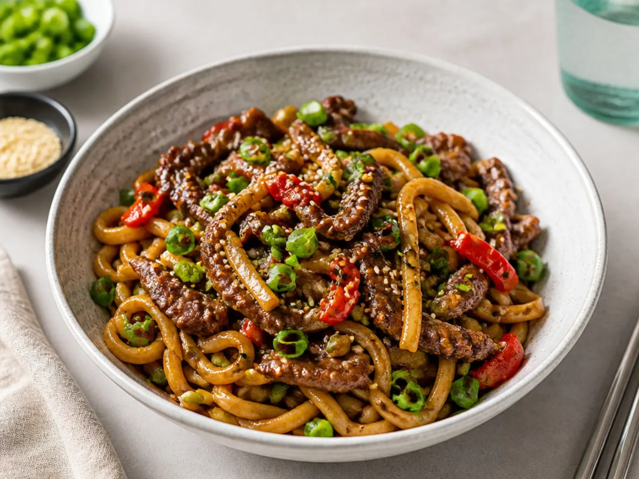 Creative Mongolian beef stir fry noodle bowl with udon and sesame seeds