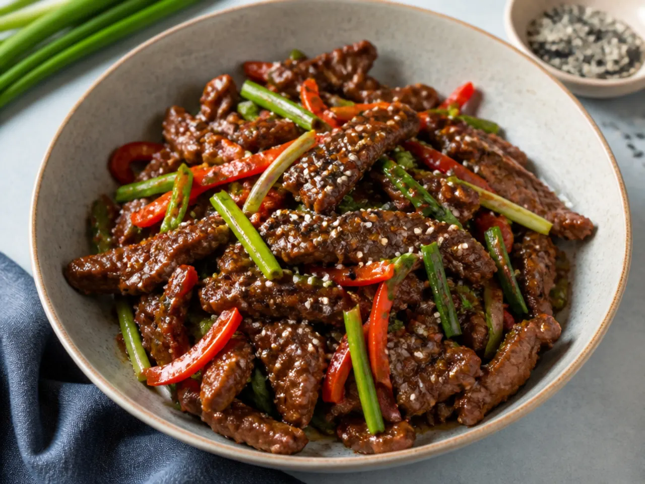 Charming sesame-crusted Mongolian beef stir fry with black and white sesame seeds