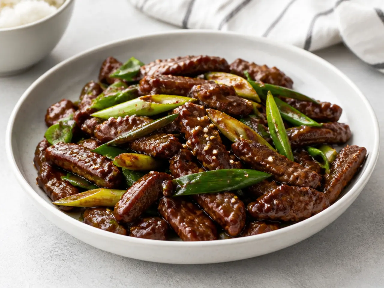Classic slow-simmered sticky Mongolian beef stir fry with a syrupy glaze
