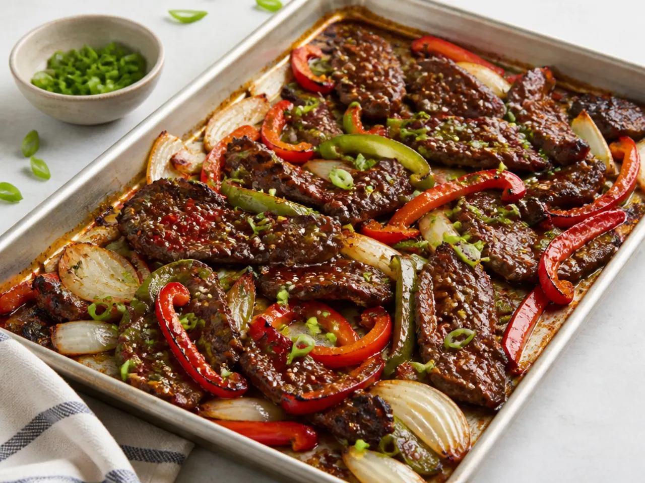 Easy sheet-pan Mongolian beef stir fry roasted with peppers and onions