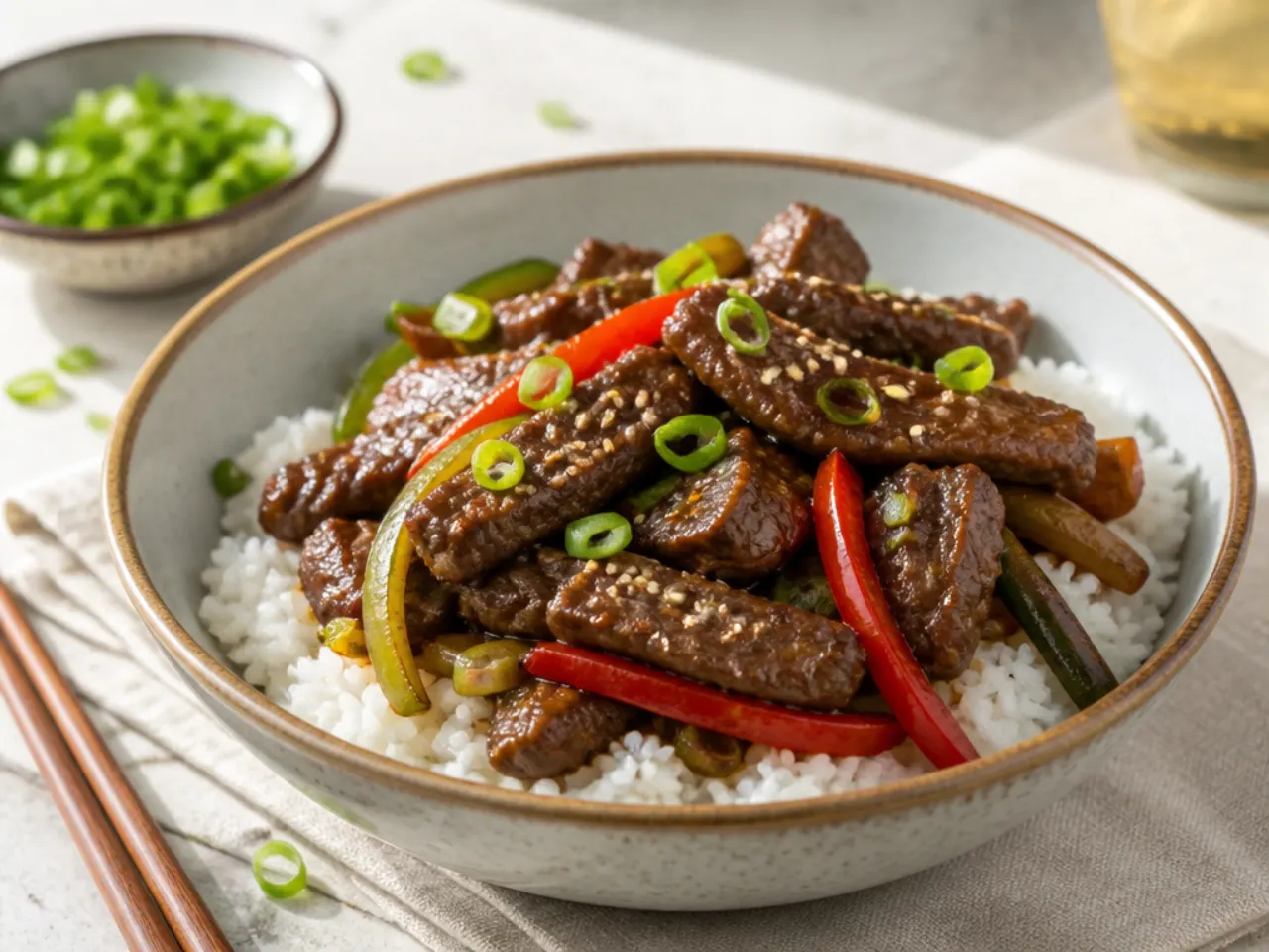 Elegant filet mignon Mongolian beef stir fry with tender seared strips over jasmine rice