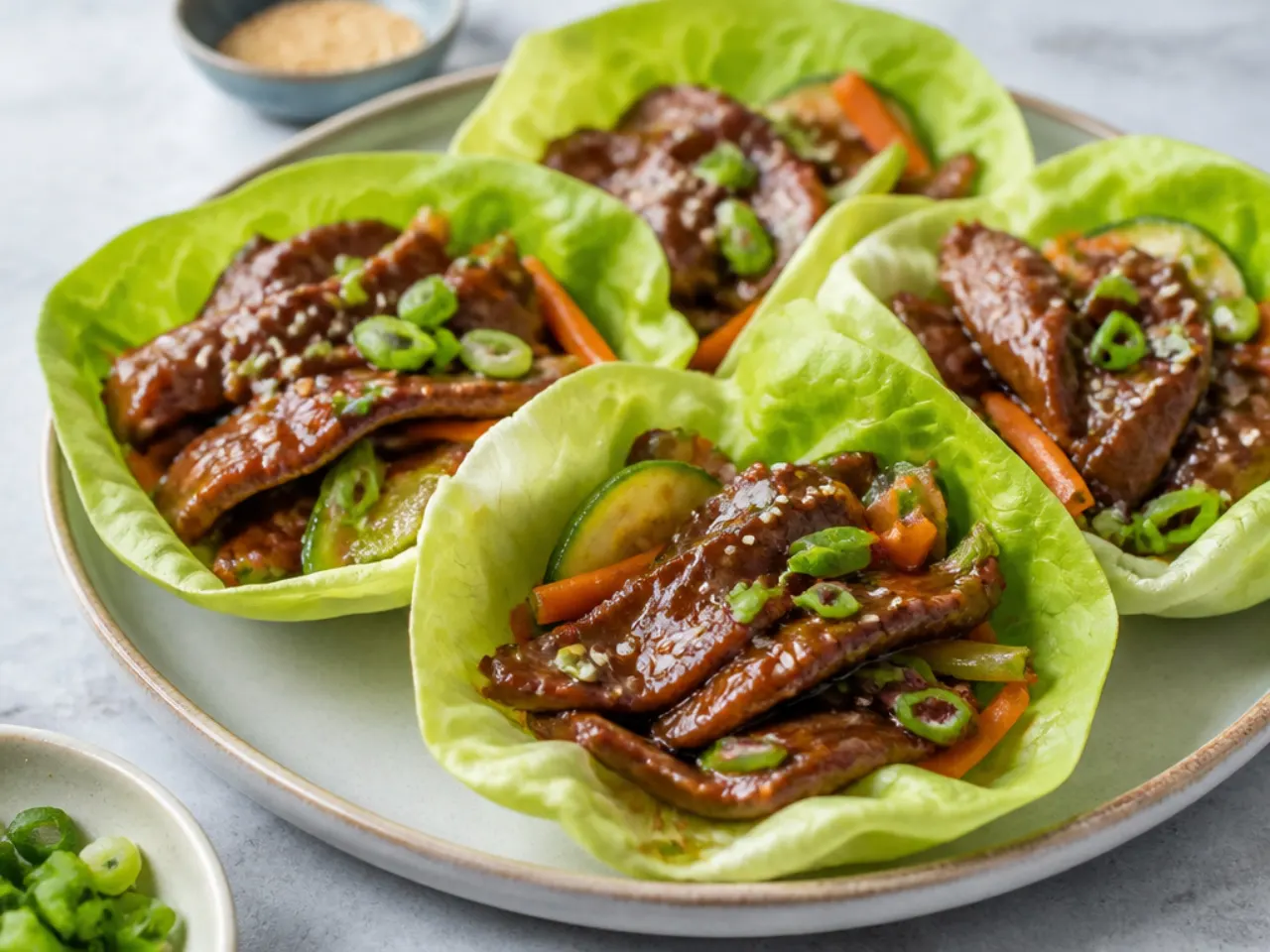 Playful Mongolian beef stir fry lettuce wraps in crisp butter lettuce cups