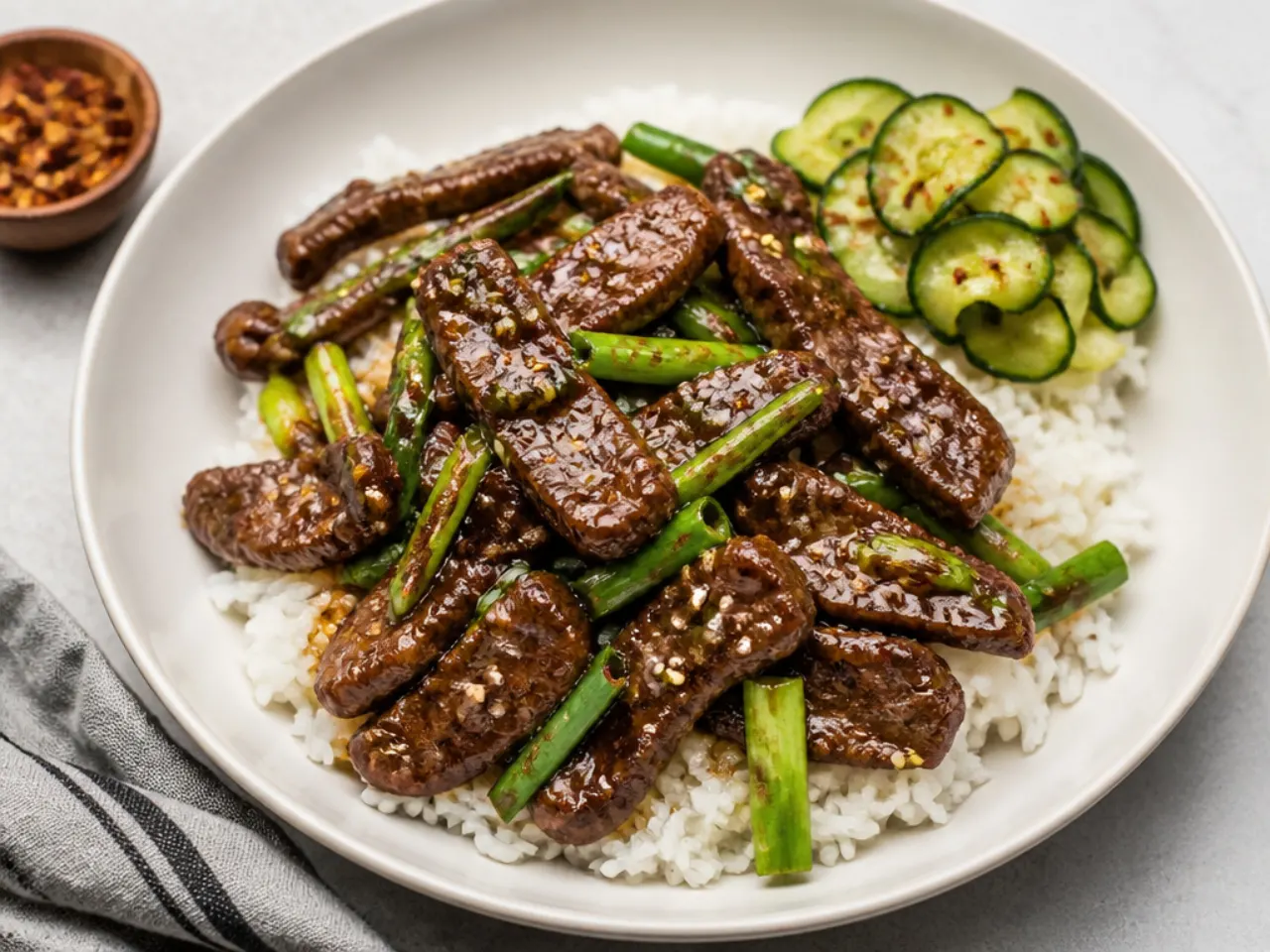 Modern air-fryer Mongolian beef stir fry with crispy beef and pickled cucumber