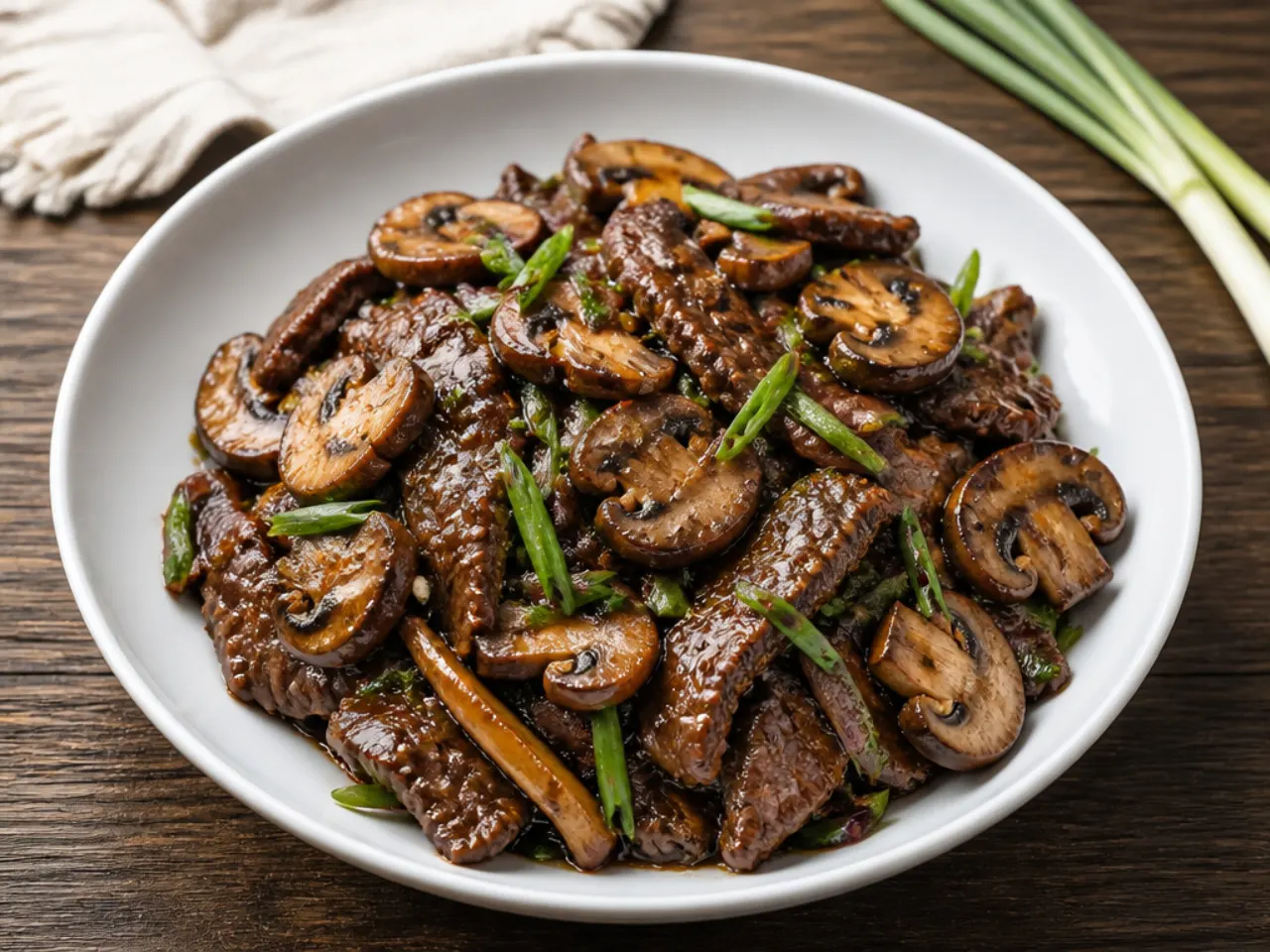 Rustic mushroom and beef Mongolian stir fry with golden seared shiitakes