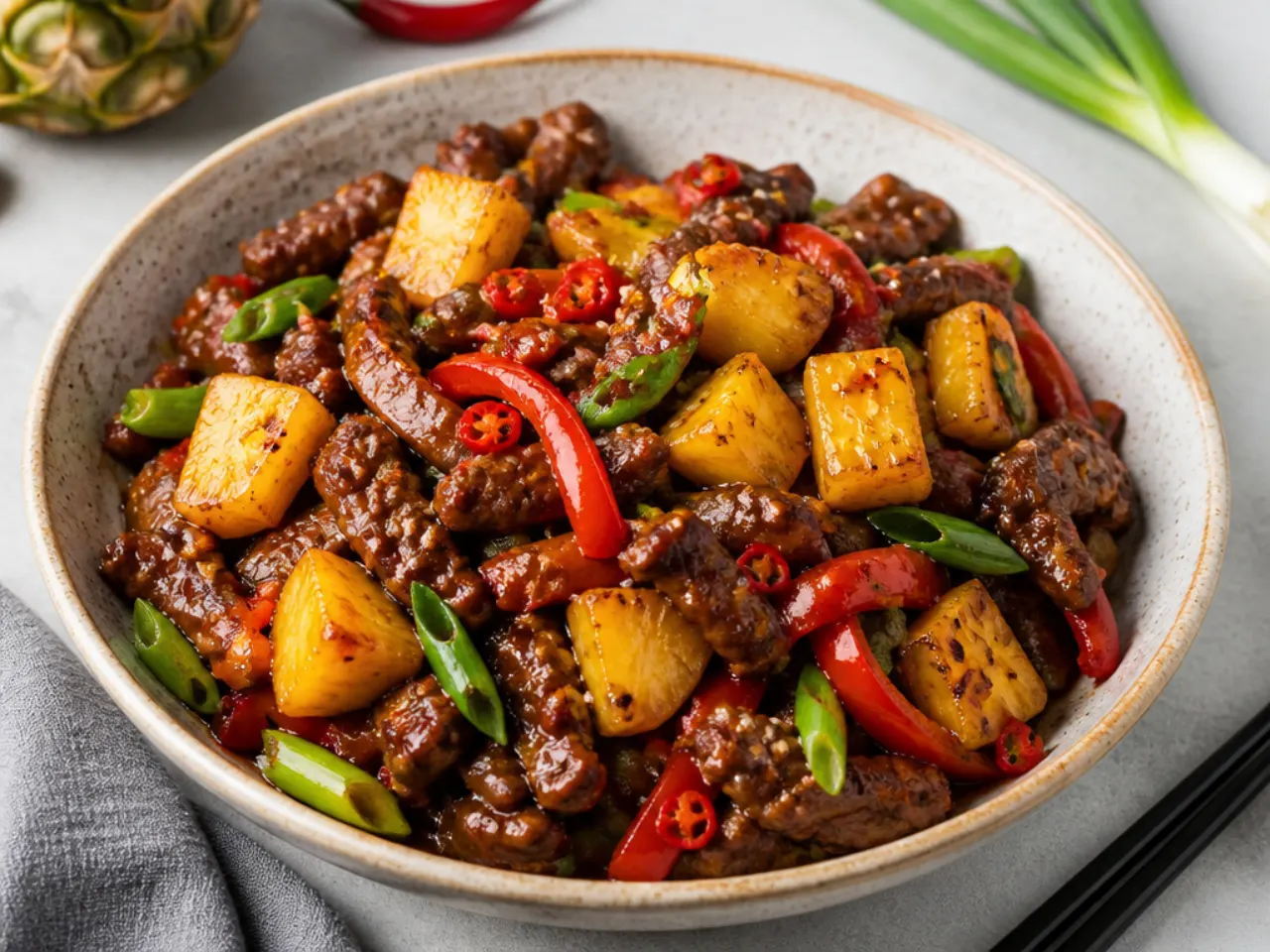 Colorful pineapple Mongolian beef stir fry with caramelized pineapple and chili