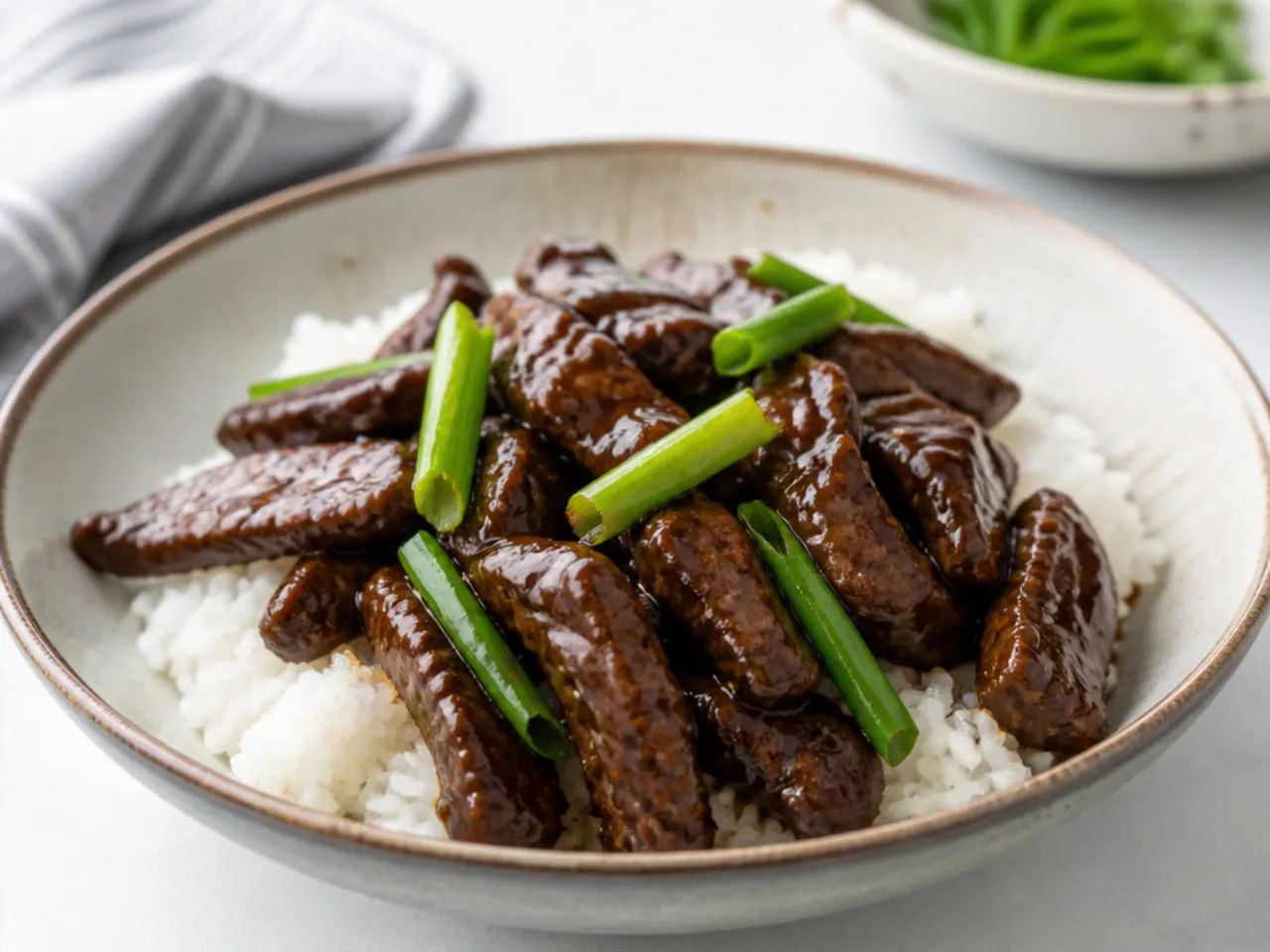 Minimal 5-ingredient Mongolian beef stir fry with beef, soy and green onions