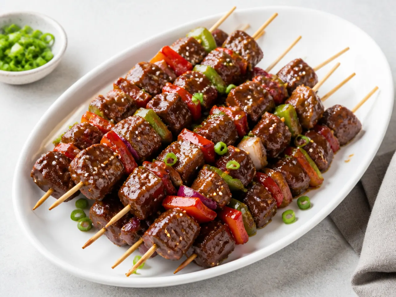 Festive party-platter Mongolian beef stir fry skewers glazed with sticky sauce and sesame