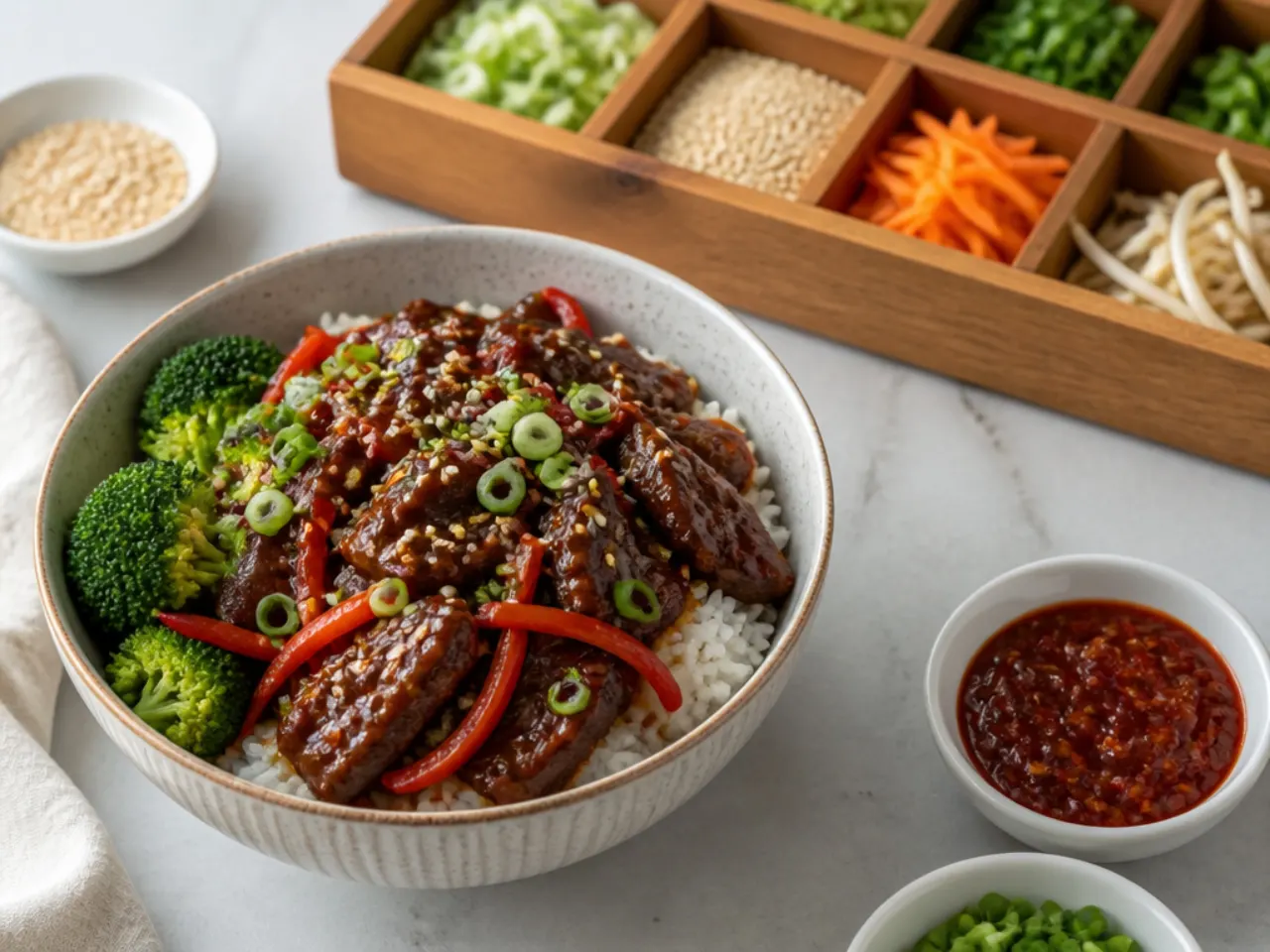 Whimsical Mongolian beef stir fry rice bowls with a build-your-own toppings bar