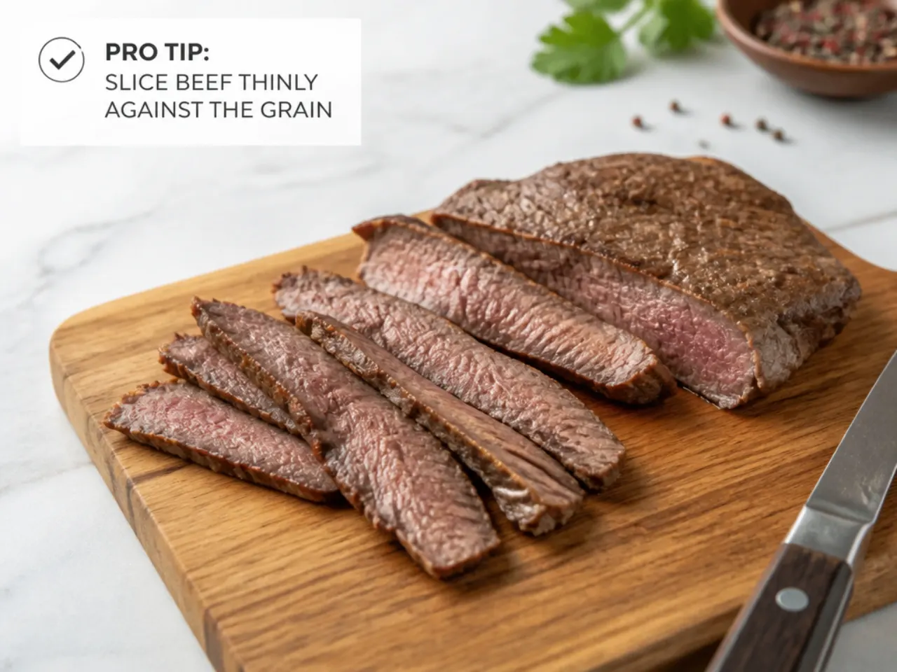 Pro tips for Mongolian beef stir fry showing beef sliced thin against the grain