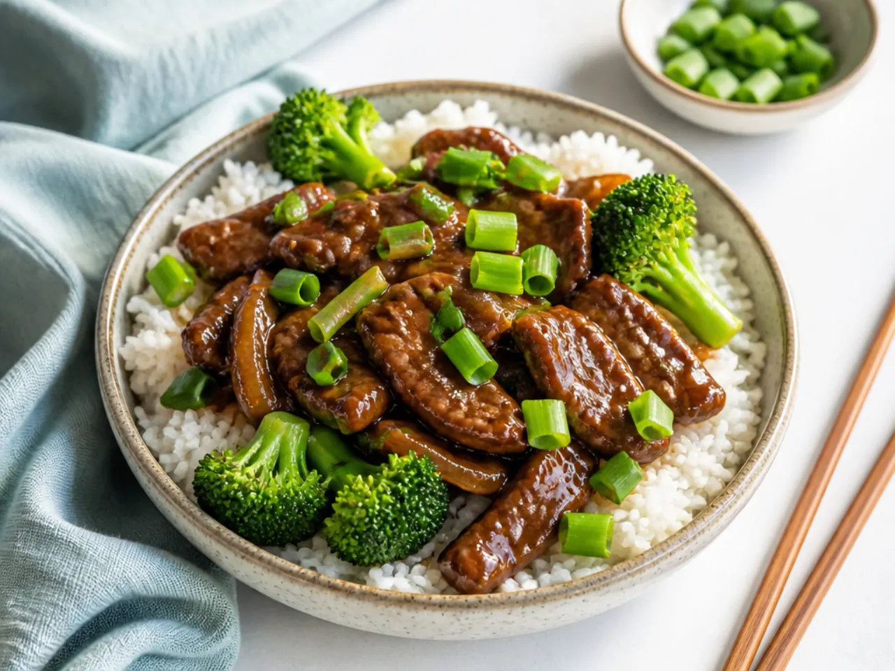 Serving suggestions for Mongolian beef stir fry with rice, broccoli and green onions