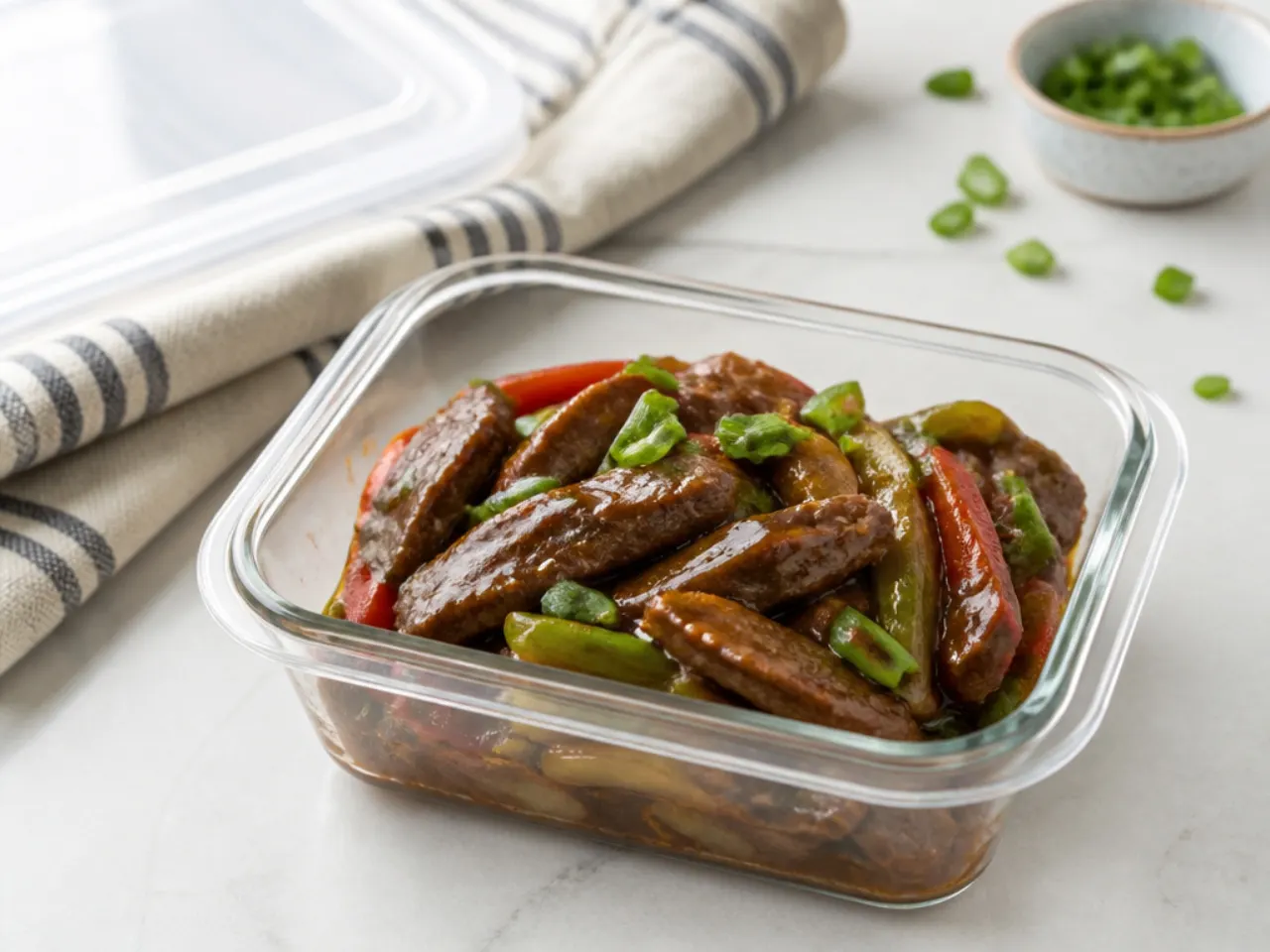 Storing and reheating Mongolian beef stir fry leftovers in an airtight container
