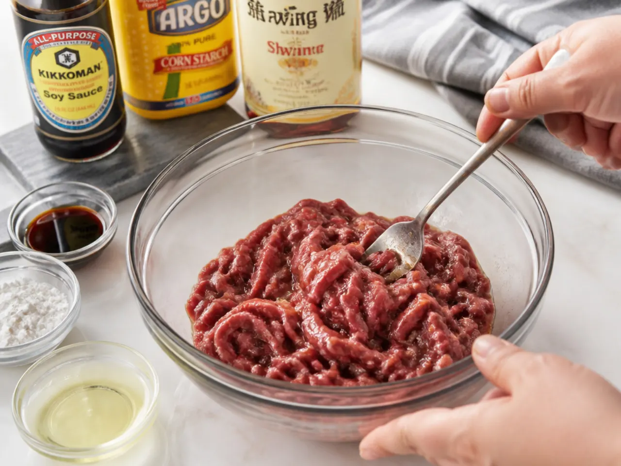 mongolian beef vs takeout — step 1: velvet and marinate the beef