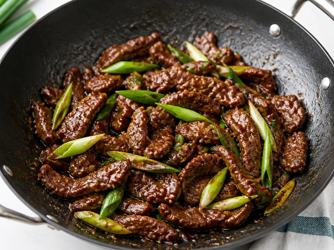 Homemade Mongolian beef with crispy flank steak and scallions in a wok, better than takeout