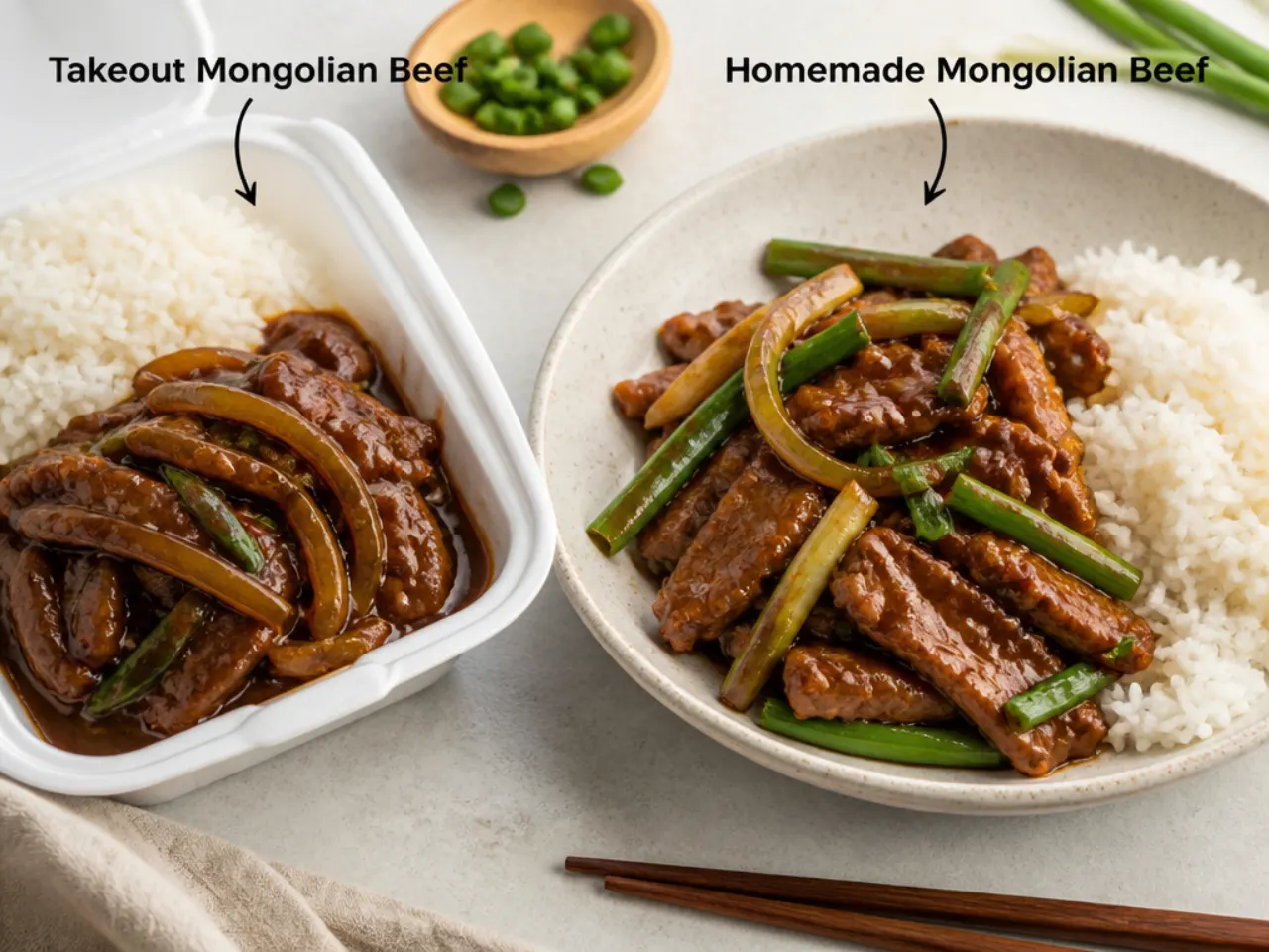 Takeout Mongolian beef in a container next to rice, compared to homemade Mongolian beef