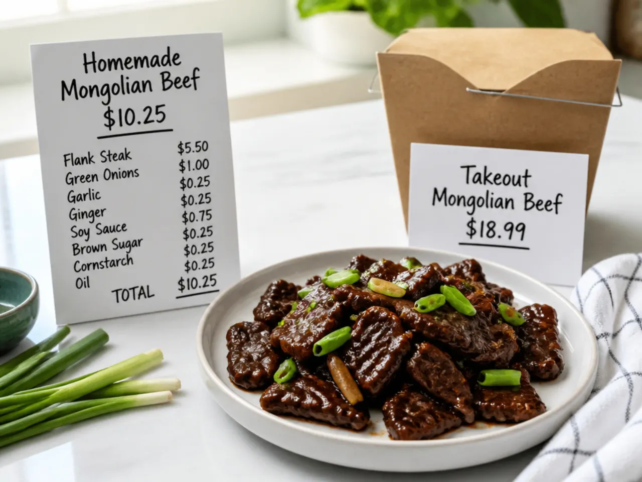 Cost comparison of homemade Mongolian beef versus takeout showing ingredients and price