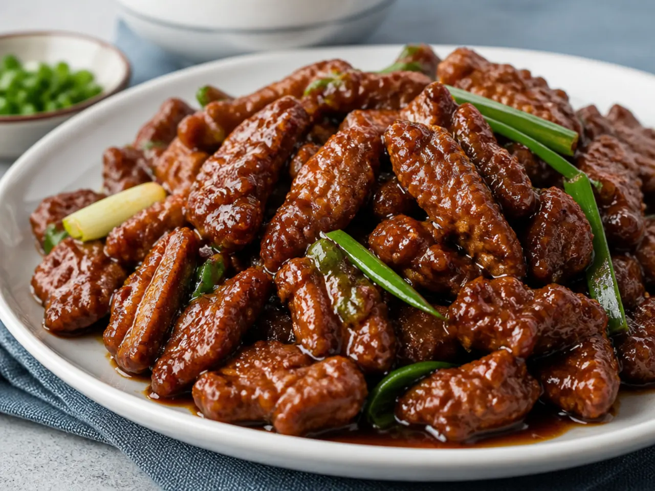 Close up of glossy sticky sauce coating crispy homemade Mongolian beef versus soft takeout texture