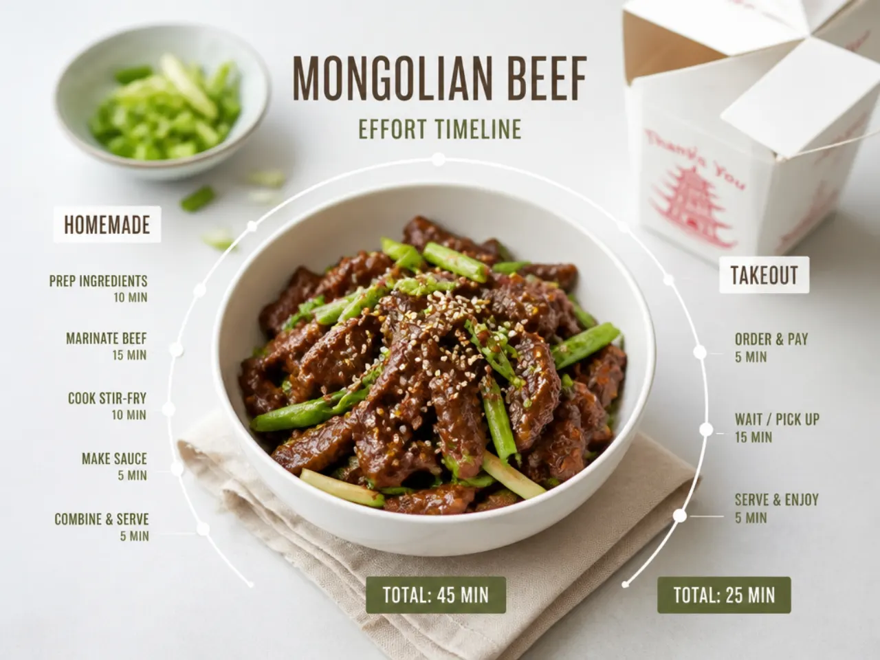 Timeline comparing the effort of cooking homemade Mongolian beef versus ordering takeout