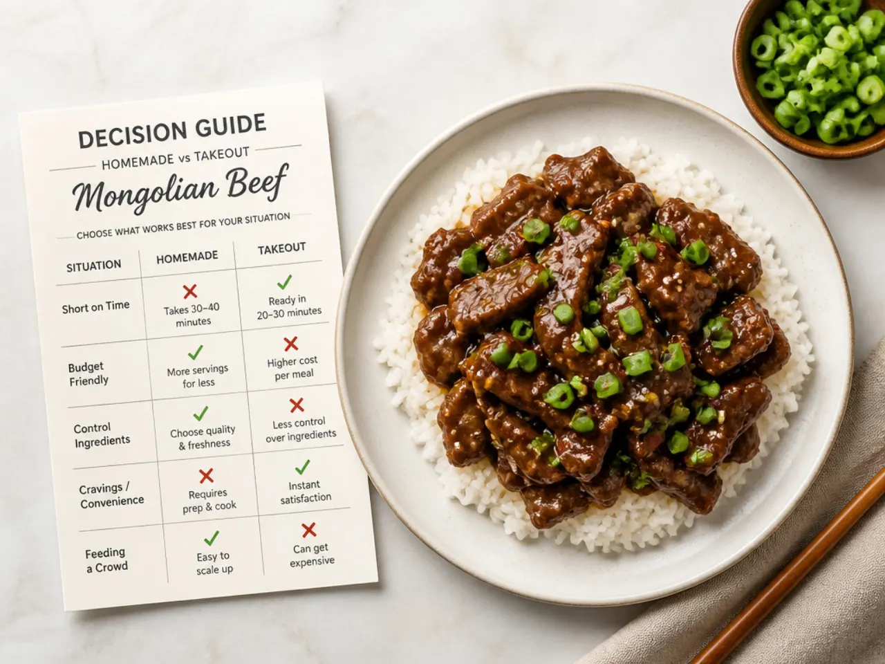 Decision guide for choosing homemade Mongolian beef recipe or takeout by situation