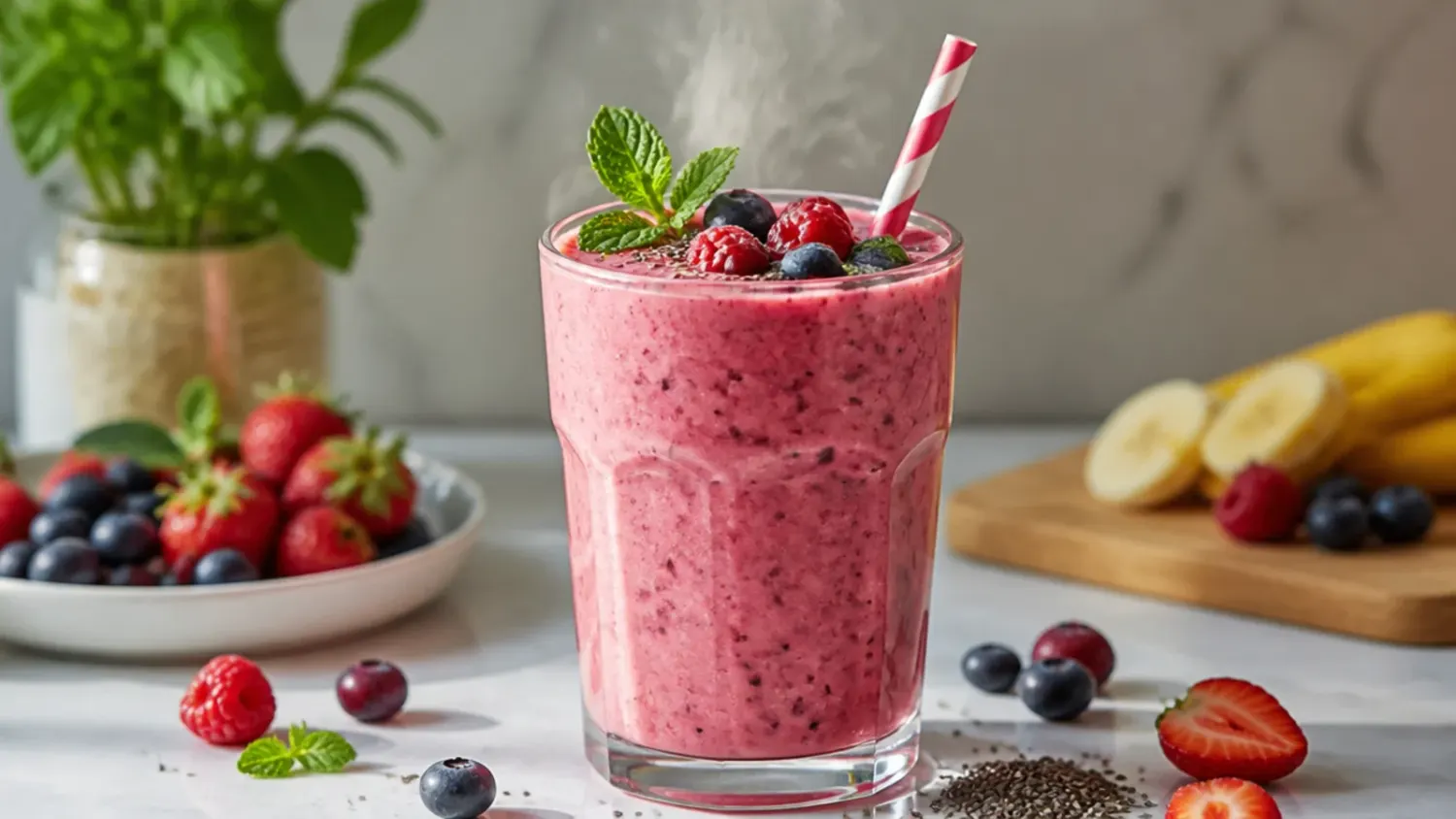 Overhead view of colourful healthy morning smoothies in glasses surrounded by fresh fruit, spinach, and seeds