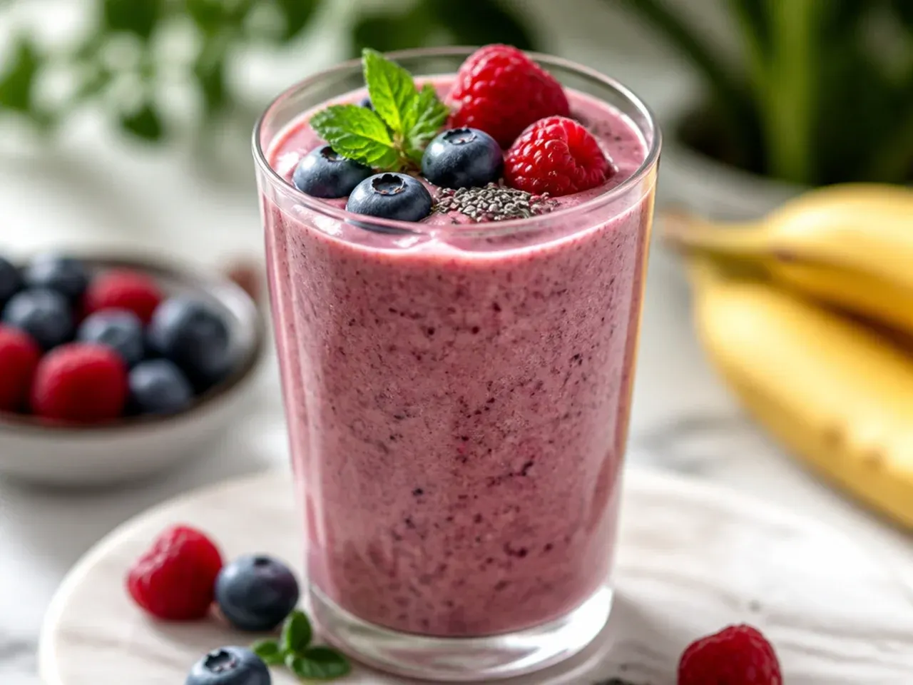 Overhead view of colourful healthy morning smoothies in glasses surrounded by fresh fruit, spinach, and seeds