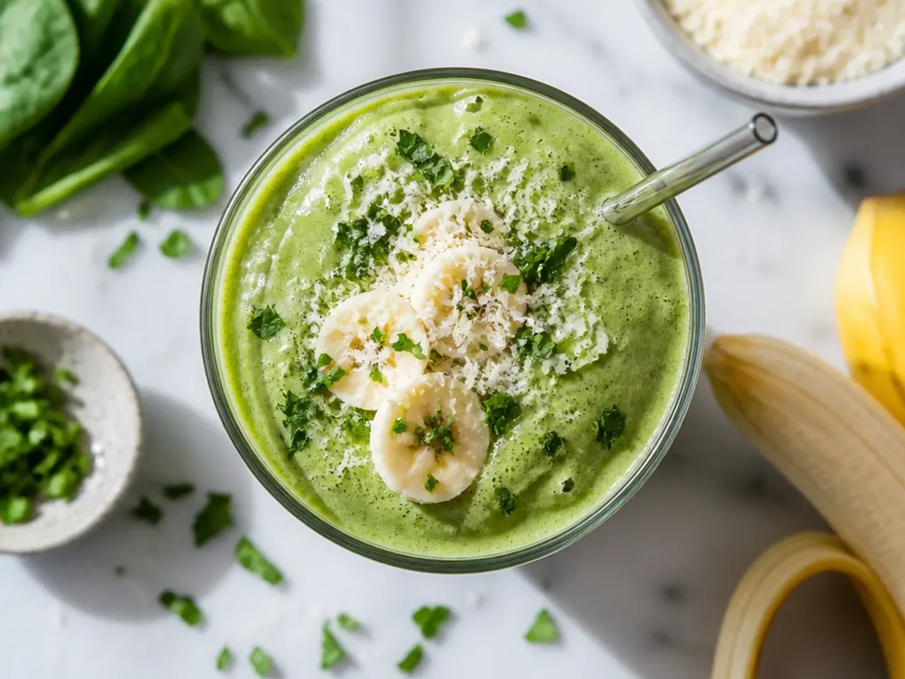 Glass of classic spinach banana protein smoothie with a paper straw