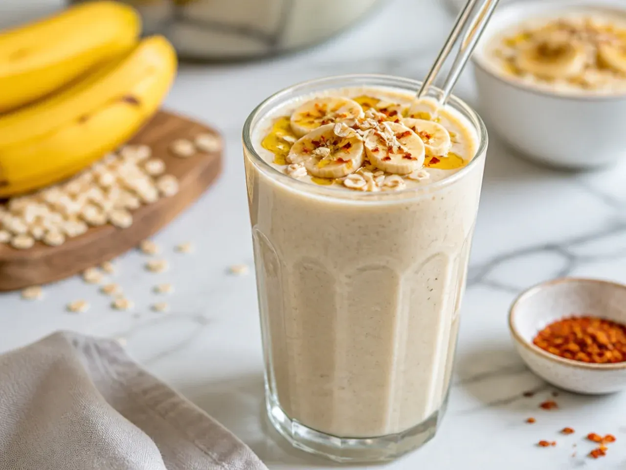 Blended banana oat smoothie in a glass with a spoon of oats beside it
