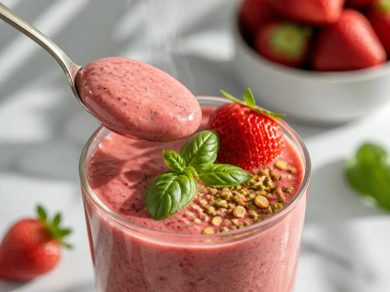 Pink strawberry basil smoothie garnished with a fresh basil leaf