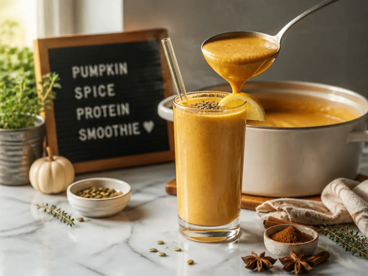 Cozy pumpkin spice smoothie in a mug with a cinnamon stick