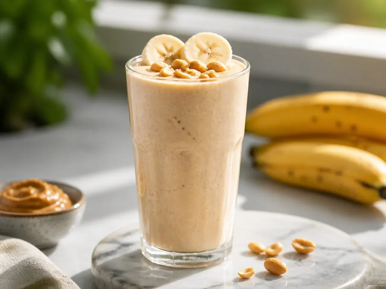 Creamy peanut butter banana smoothie topped with a drizzle of peanut butter