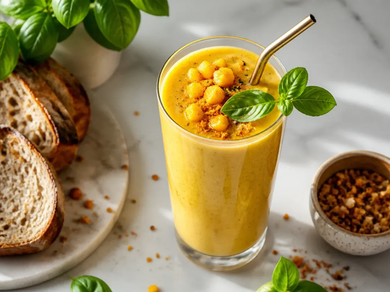 Golden mango turmeric smoothie in a glass with fresh mango slices