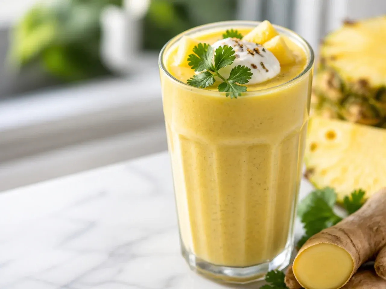 Bright pineapple ginger smoothie garnished with a lime wedge