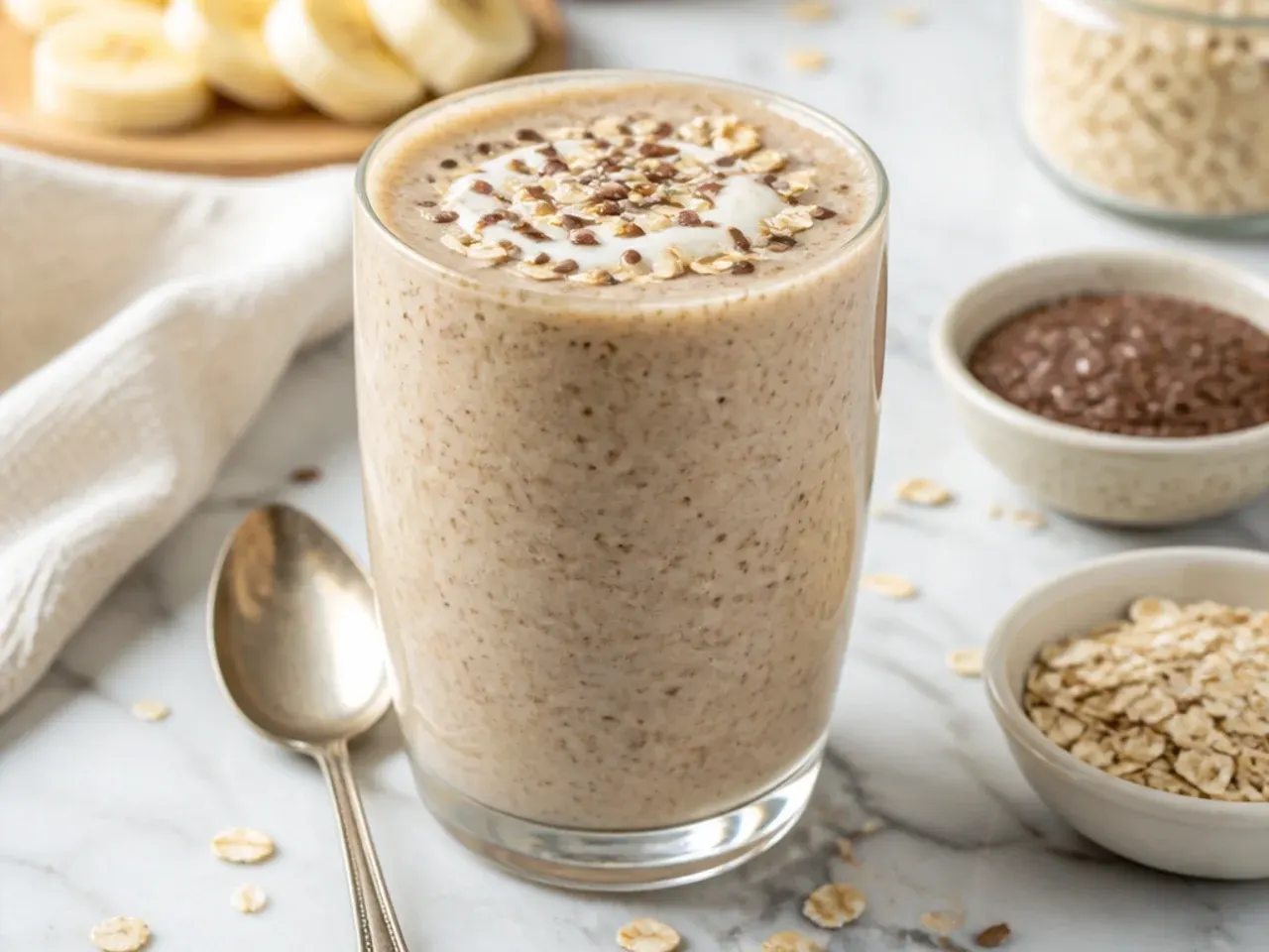 Oat and flaxseed smoothie in a glass with a small bowl of ground flaxseed