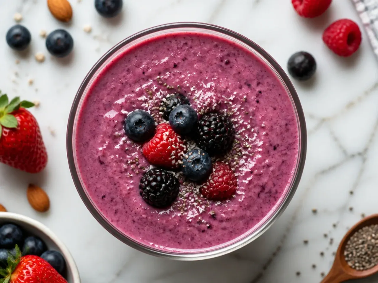 Budget frozen mixed berry smoothie in a mason jar