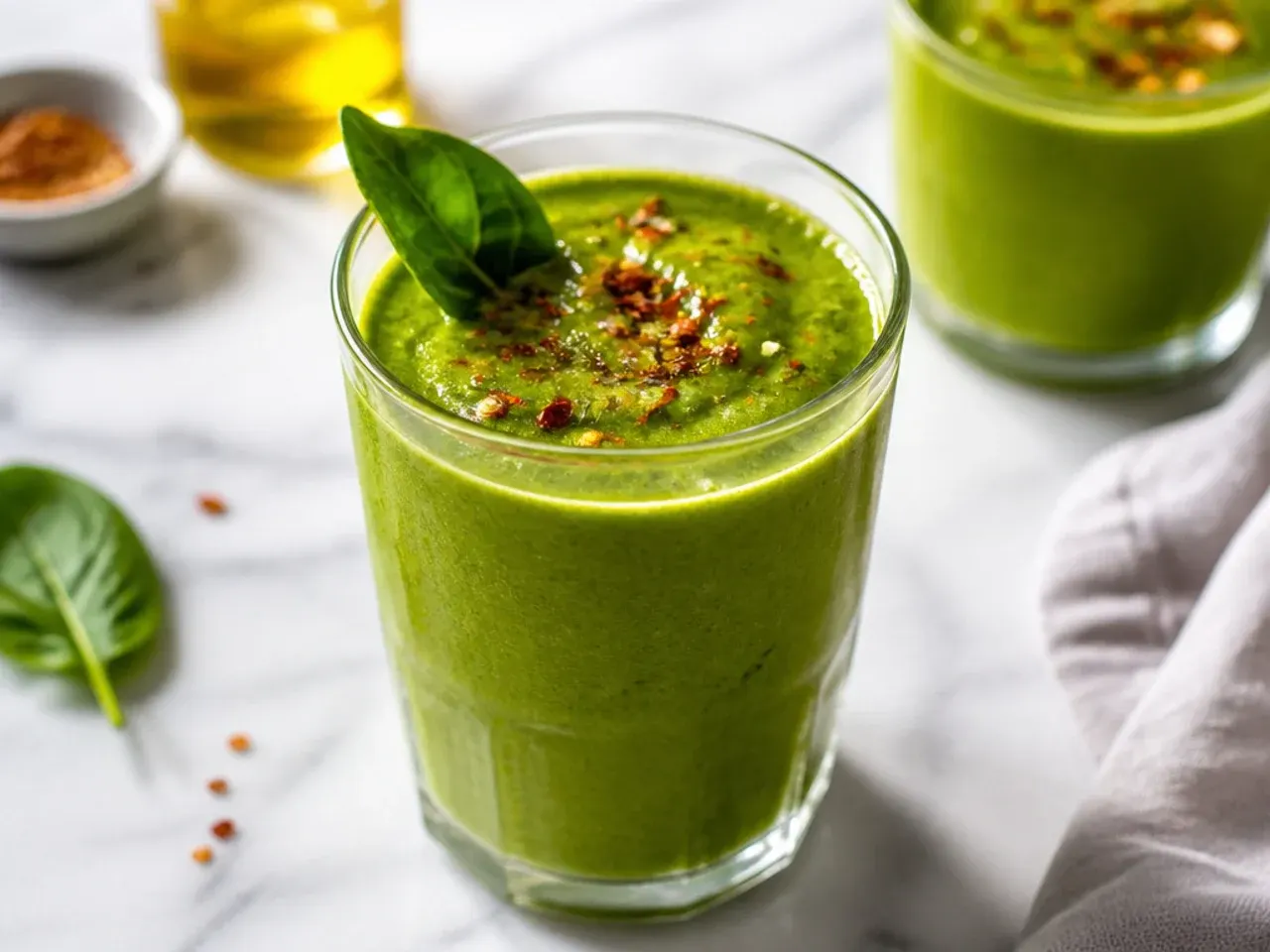 Grab-and-go green smoothie in a to-go cup with a portioned freezer bag beside it